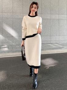 Dazy Star Contrast Trim Sweater & Knit Skirt - Black and White - View 5