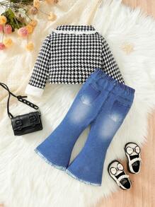 Đứa bé gái In Houndstooth Cổ tròn Áo khoác & Quần ống loe - Nhiều màu - Xem 2
