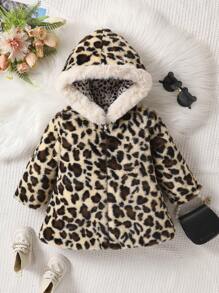 Baby Girl Leopard Print Hooded Fleece Padded Coat - Camel - View 1