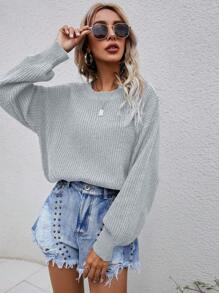 SHEIN LUNE Chất rắn Đồ đan Ribbed Thả vai Áo len - Màu Xám nhạt - Xem 1