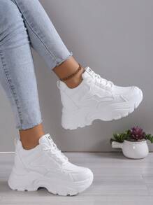 Nuevas zapatillas de deporte gruesas para mujer Primavera/otoño con plataforma de tacón alto, zapatos deportivos casuales de moda - Blanco - Ver 2