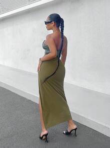 SHEIN SXY Falda Midi Plisada De Color Sólido Para Mujer Con Abertura De Raja Alta En El Dobladillo - Verde militar - Ver 4