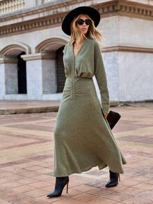 SHEIN Clasi Solid Batwing Sleeve Ruched Waist A-line Dress - Dark Green - View 4