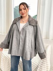 Flirla Plus Borg Collar Cloak Sleeve Overcoat - Light Grey - View 5