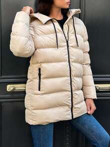 RueChic Zip Up Hooded Puffer Coat - Beige - View 5