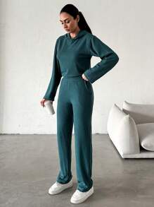 RueChic Solid Hooded Sweatshirt & Slant Pocket Pants - Green - View 4