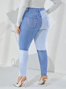 SHEIN CURVE+ Plus Size Women Elastic Denim Blue Patchwork Skinny Leggings - Blue - View 1