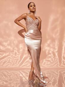 亮片上衣配對比色缎面裙摆的吊带派对礼服 - 香檳色 - 查看 1