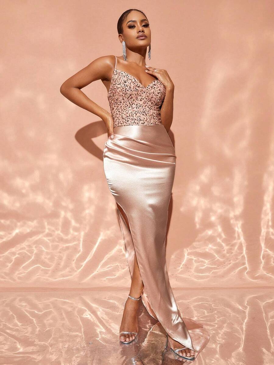 亮片上衣配對比色缎面裙摆的吊带派对礼服 - 香檳色 - 查看 1