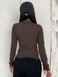 Dazy Star Ribbed Knit Raglan Sleeve Half Zip Tee Long Sleeve Women Tops - Coffee Brown - View 6