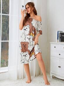 卡通印花睡衣长裙 Moo Moo - 卡其色 - 查看 4