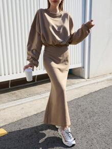 DAZY Drop Shoulder Sweatshirt & Mermaid Hem Skirt - Brown - View 5