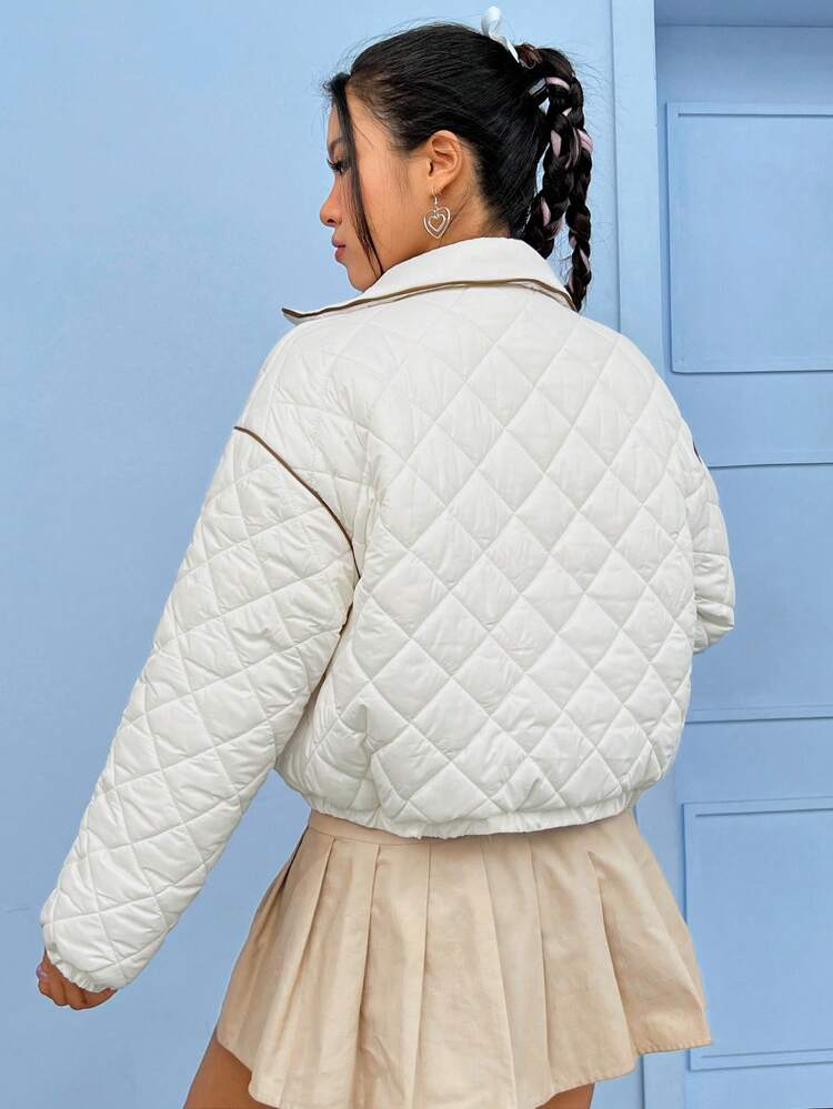 Letter Patched Contrast Piping Drop Shoulder Quilted Coat