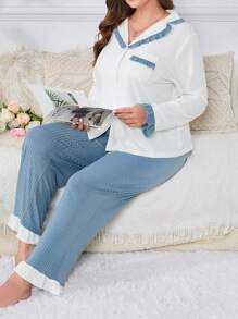 Plus Contrast Trim PJ Set / Pajama Set - Blue and White - View 3