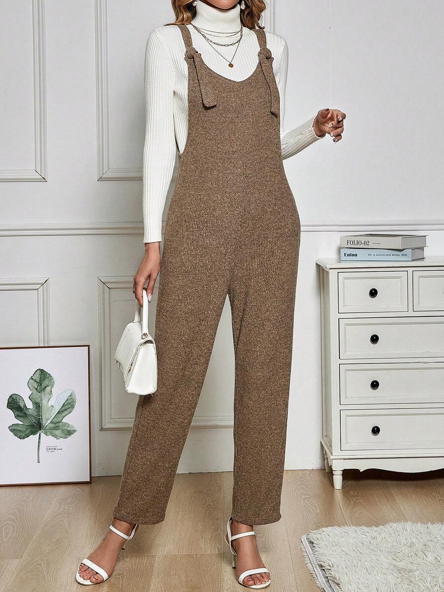 SHEIN LUNE Của phụ nữ Màu thuần Áo liền quần Suspender - Màu Khaki - Xem 1