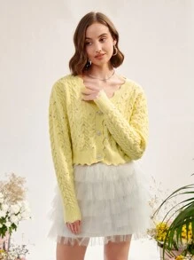 Enchnt Solid Scallop Trim Cardigan - Yellow - View 6