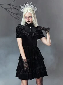 ROMWE Women'S Gothic Stand Collar Ruffle Trim New Year'S Eve Party Dress