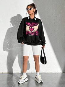 SHEIN Qutie Đồ họa trái tim & khẩu hiệu Thả vai Áo nỉ - màu đen - Xem 3