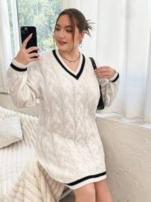 Flirla Hơn Sọc trang trí Thả vai Xoắn Dan Đầm Áo len - Đen và trắng - Xem 1