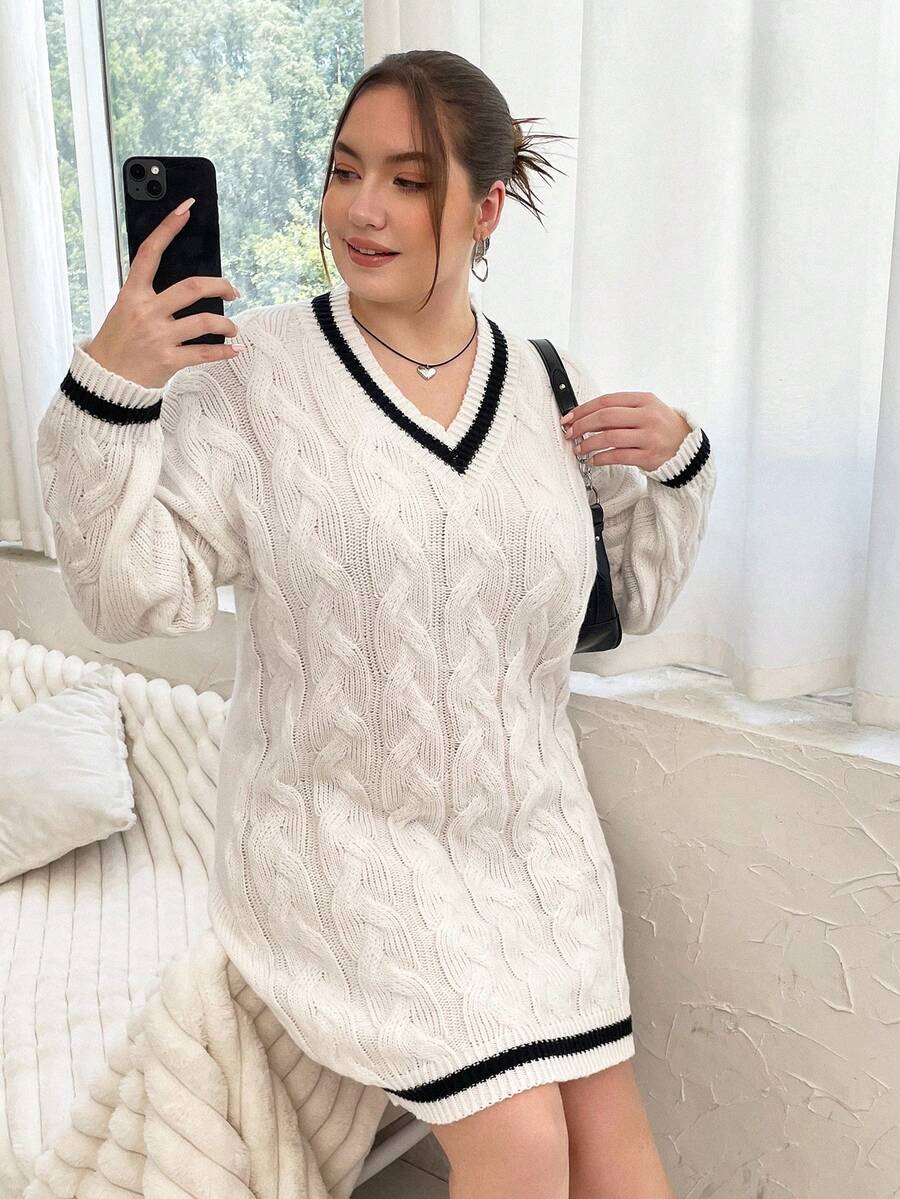 Flirla Hơn Sọc trang trí Thả vai Xoắn Dan Đầm Áo len - Đen và trắng - Xem 1