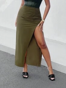 SHEIN SXY Falda Midi Plisada De Color Sólido Para Mujer Con Abertura De Raja Alta En El Dobladillo - Verde militar - Ver 1