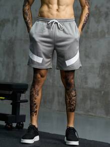 Manfinity Sport Corelite Men Contrast Panel Drawstring Waist Sports Shorts, Grey Shorts Sweat Pants - Grey - View 3