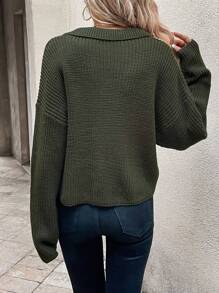 SHEIN LUNE Suéter de punto acanalado con botones y hombros caídos para otoño e invierno - Verde militar - Ver 2