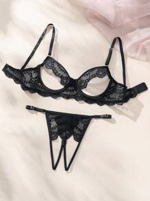 SHEIN 女士性感镂空蕾丝文胸和丁字裤套装内衣，坏蛋造型 - 黑色 - 查看 3
