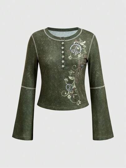 Fairycore T-Shirt mit Blume Muster, Absteppen