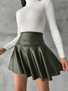 SHEIN Cottnline Solid Color Side Zipper Skirt - Army Green - View 4
