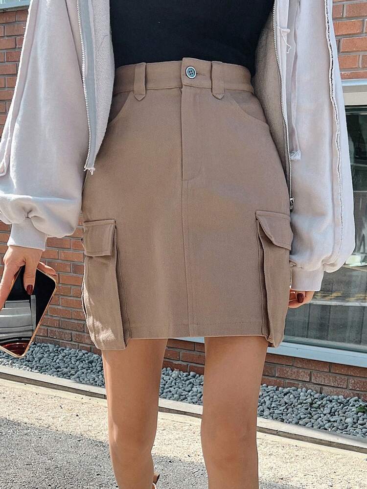 Flap Pocket Side Cargo Skirt,Pencil Skirt