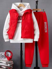 SHEIN 3pcs/Set Tween Boy Casual Streetwear Letter Print Hooded Sweatshirt, Vest And Sweatpants Set