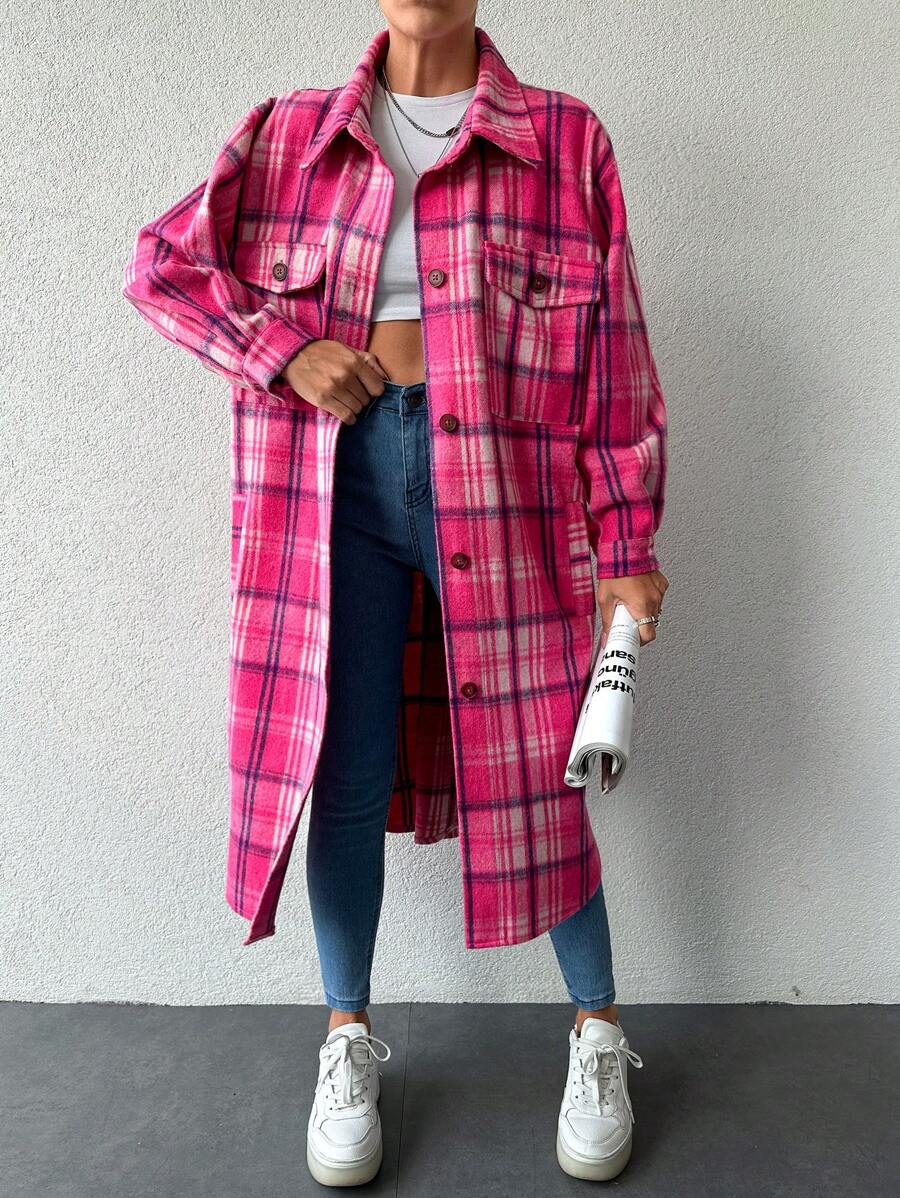 SHEIN Cottnline Kẻ sọc Flip Túi Dài Của phụ nữ Len áo - Màu Hồng Tươi - Xem 1