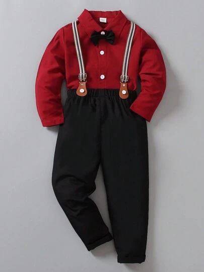 SHEIN Young Boy Gentleman 2Pcs Set: Long Sleeve Shirt + Bib Pants Trousers, Elegant & Costume For Valentine's Day, Birthday Party, Wedding, Anniversary, Christening, Graduation