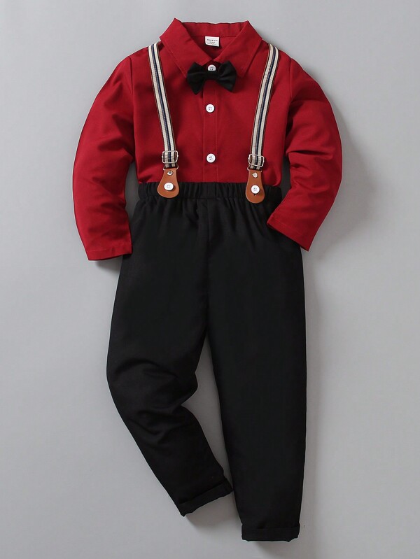 SHEIN Young Boy Gentleman 2Pcs Set: Long Sleeve Shirt + Bib Pants Trousers, Elegant & Costume For Valentine's Day, Birthday Party, Wedding, Anniversary, Christening, Graduation