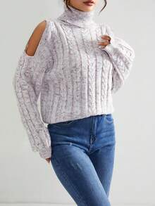 SHEIN Essnce Space Dye Turtleneck Cold Shoulder Cable Knit Sweater - Multicolor - View 4