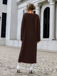 EURMUSE Drop Shoulder Button Detail Split Hem Sweater Dress - Brown - View 2