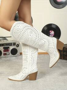 Styleloop Women's Fashionable Party Style White Mid-Calf Boots With Rivets Decoration Cowboy Boots