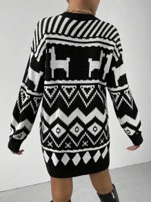 SHEIN Unity 幾何圖案落肩袖毛衣洋裝 - 黑色 - 查看 2