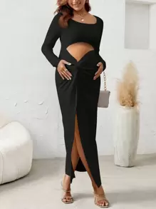 SHEIN Thai sản Cắt ra Mặt trước xoắn Tách đùi Đầm - màu đen - Xem 1