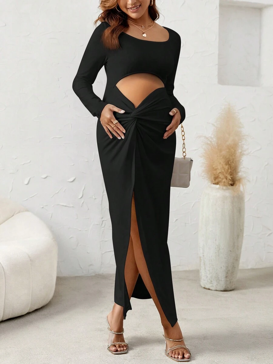 SHEIN Thai sản Cắt ra Mặt trước xoắn Tách đùi Đầm - màu đen - Xem 1