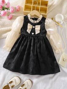 SHEIN 幼童女孩公主風格休閒&甜美&優雅荷葉袖禮服連蝴蝶結