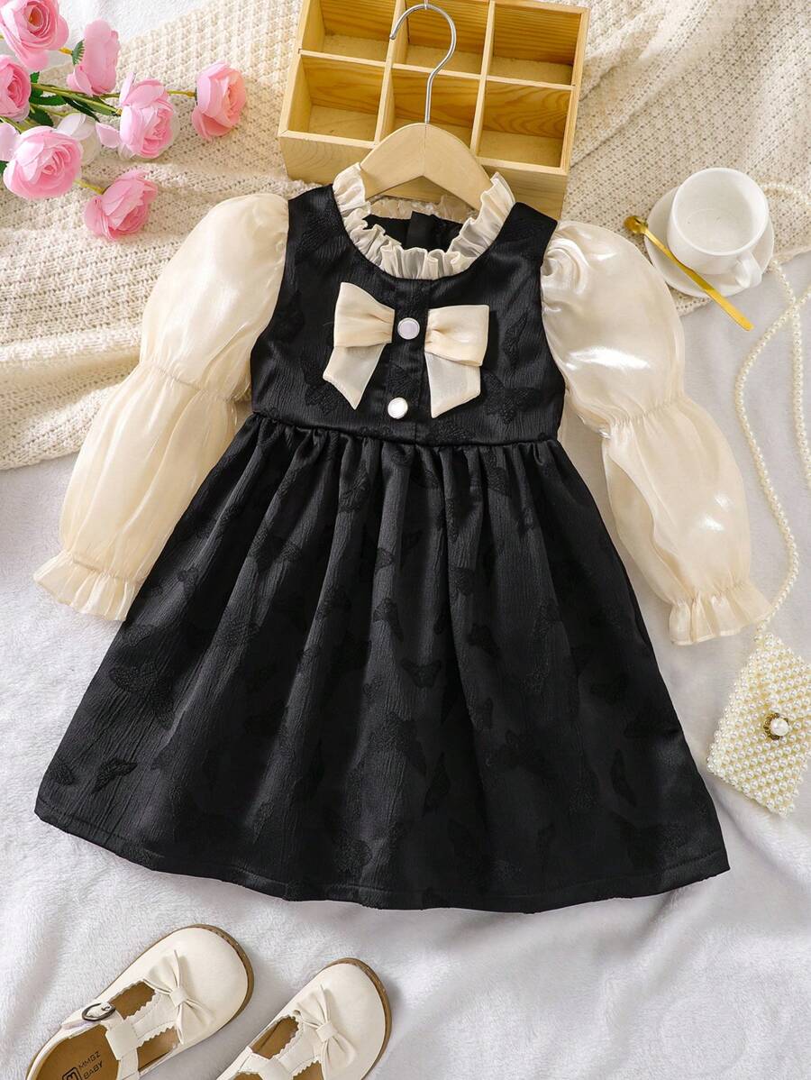 SHEIN 幼童女孩公主風格休閒&甜美&優雅荷葉袖禮服連蝴蝶結