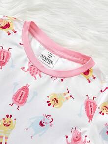 SHEIN Young Girl Cartoon Print Contrast Trim Snug Fit PJ Set - Multicolor - View 7