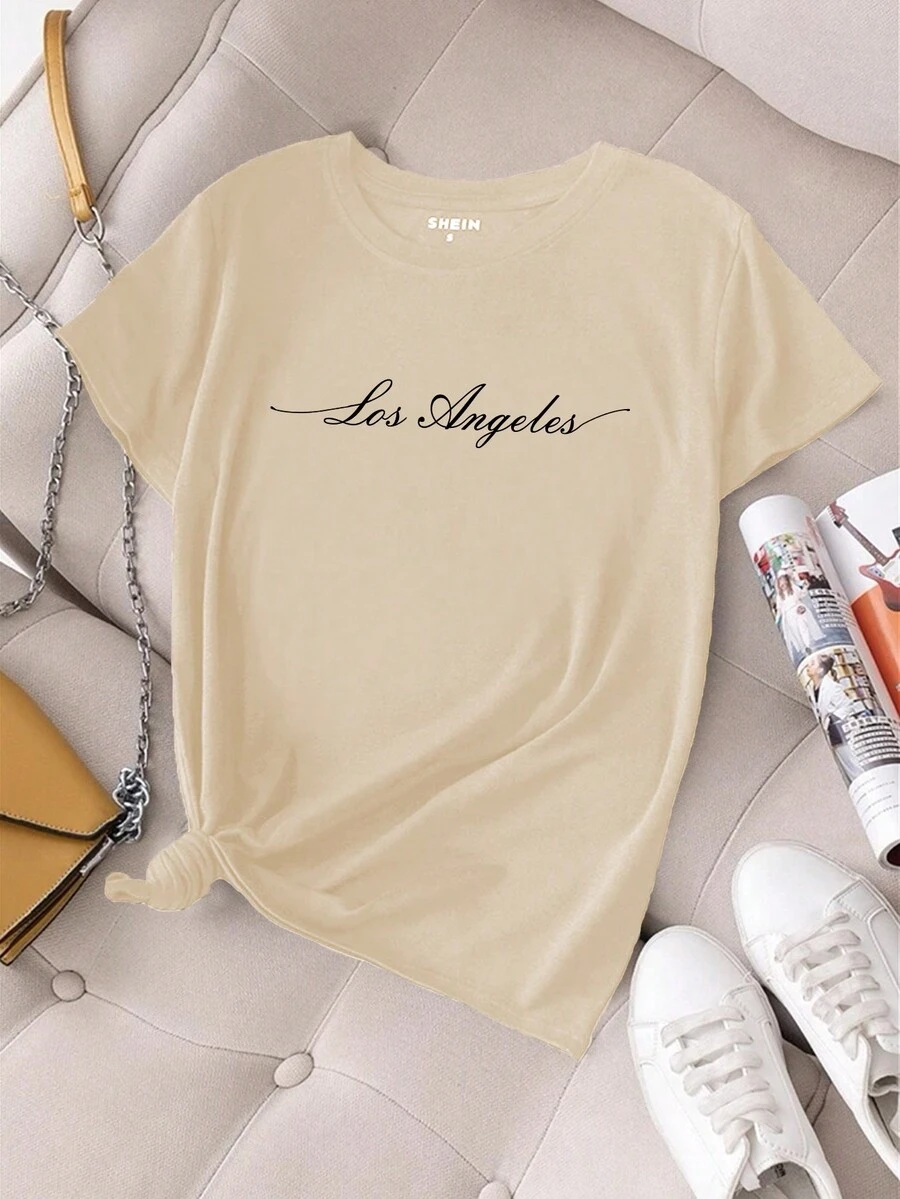 SHEIN EZwear Đồ họa Khẩu hiệu Áo thun - Màu be - Xem 1