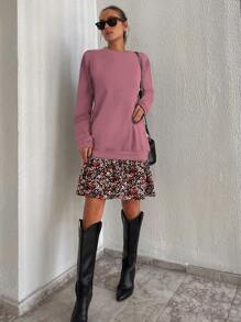 EURMUSE Contrast Ditsy Floral Ruffle Hem Sweatshirt Dress - Pink - View 4