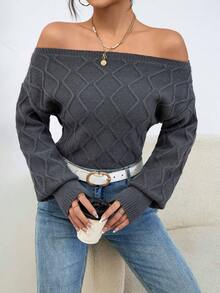 SHEIN Essnce Off Shoulder Lantern Sleeve Sweater - Grey - View 3