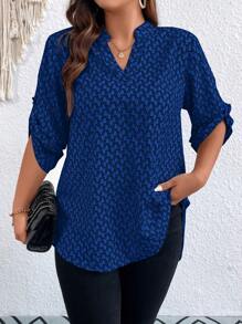 SHEIN LUNE Plus Allover Print Notched Neckline Roll Tab Sleeve Blouse - Blue - View 3