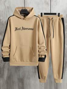 Manfinity Homme 2入組男式連帽字母印花運動衫和長褲套裝 - 杏色 - 查看 3