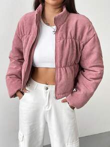 SHEIN EZwear Áo khoác nhung kẻ có đệm vai thả khóa kéo - Màu Hồng baby - Xem 3